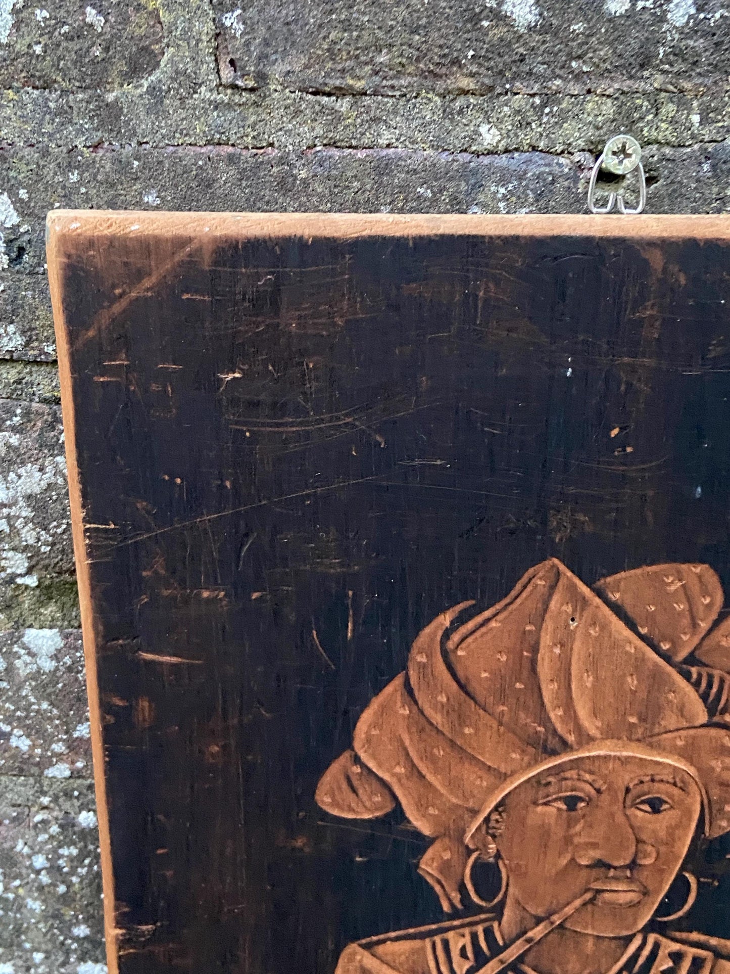 Vintage African Art – burnt wood, pyrography, depiction of African woman in traditional ethnic dress, signed L.Gwala