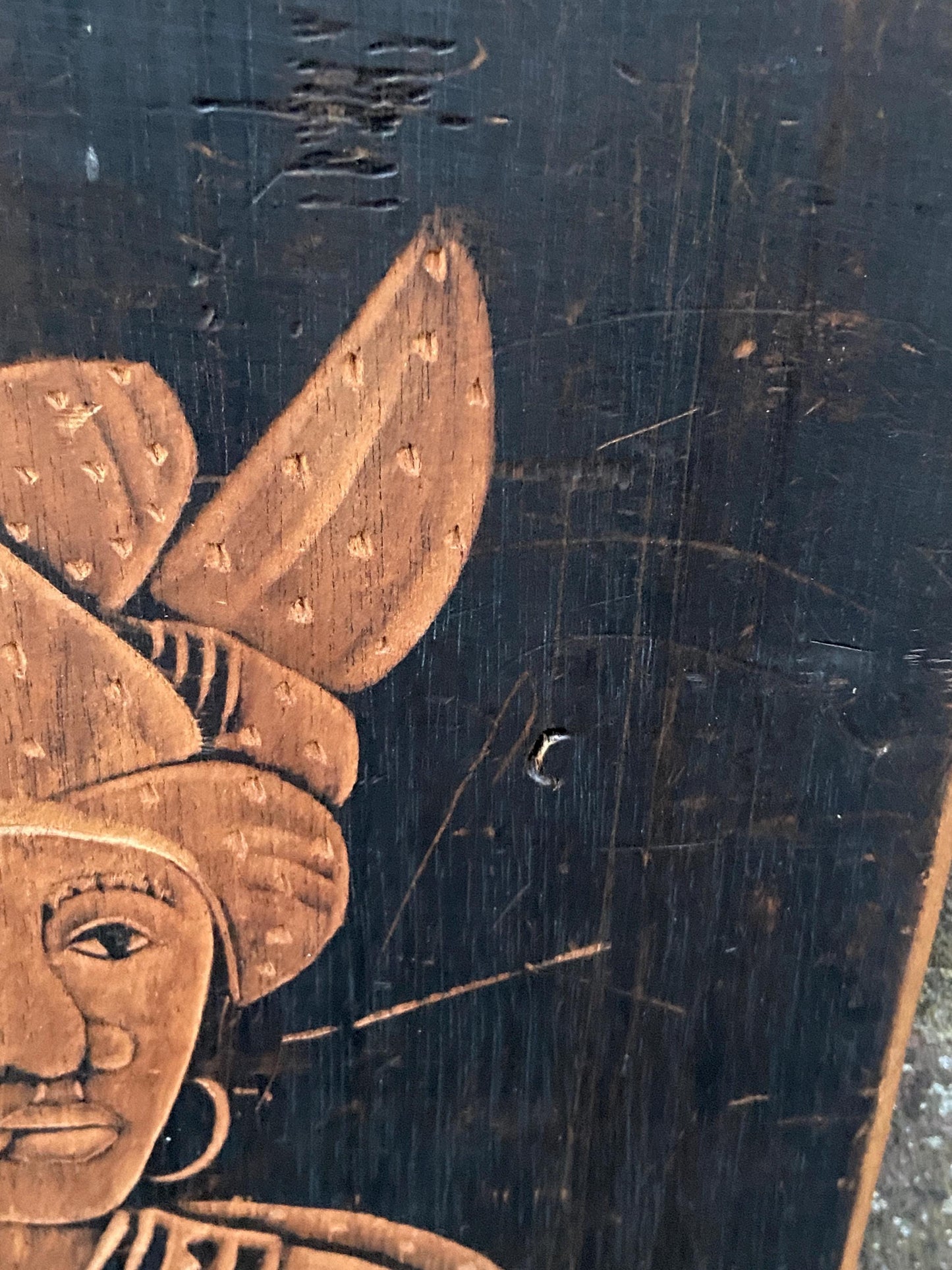 Vintage African Art – burnt wood, pyrography, depiction of African woman in traditional ethnic dress, signed L.Gwala