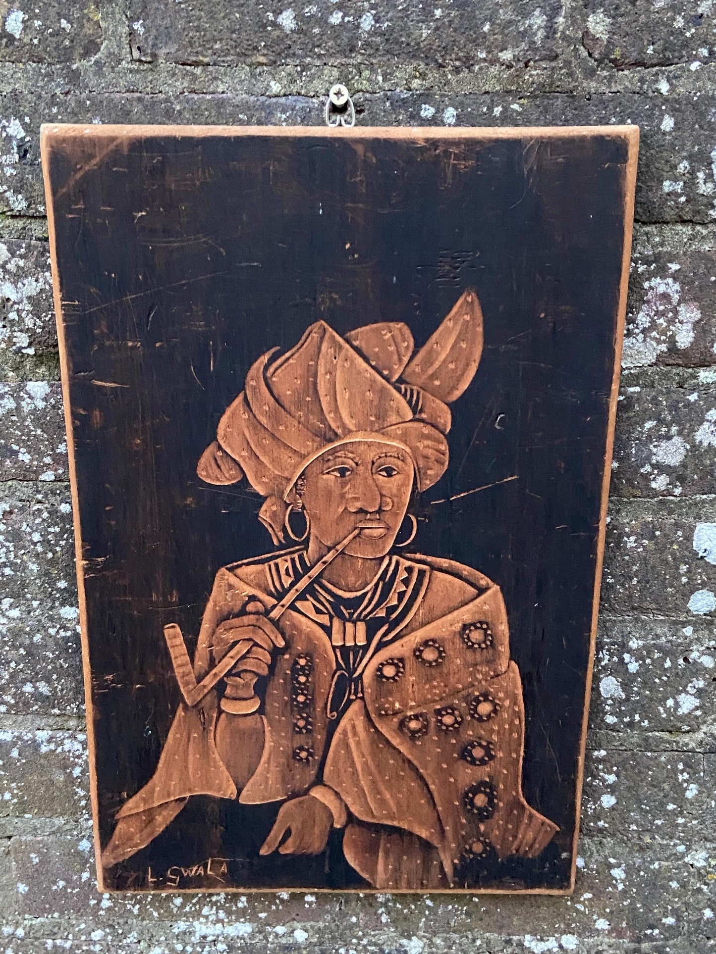 Vintage African Art – burnt wood, pyrography, depiction of African woman in traditional ethnic dress, signed L.Gwala