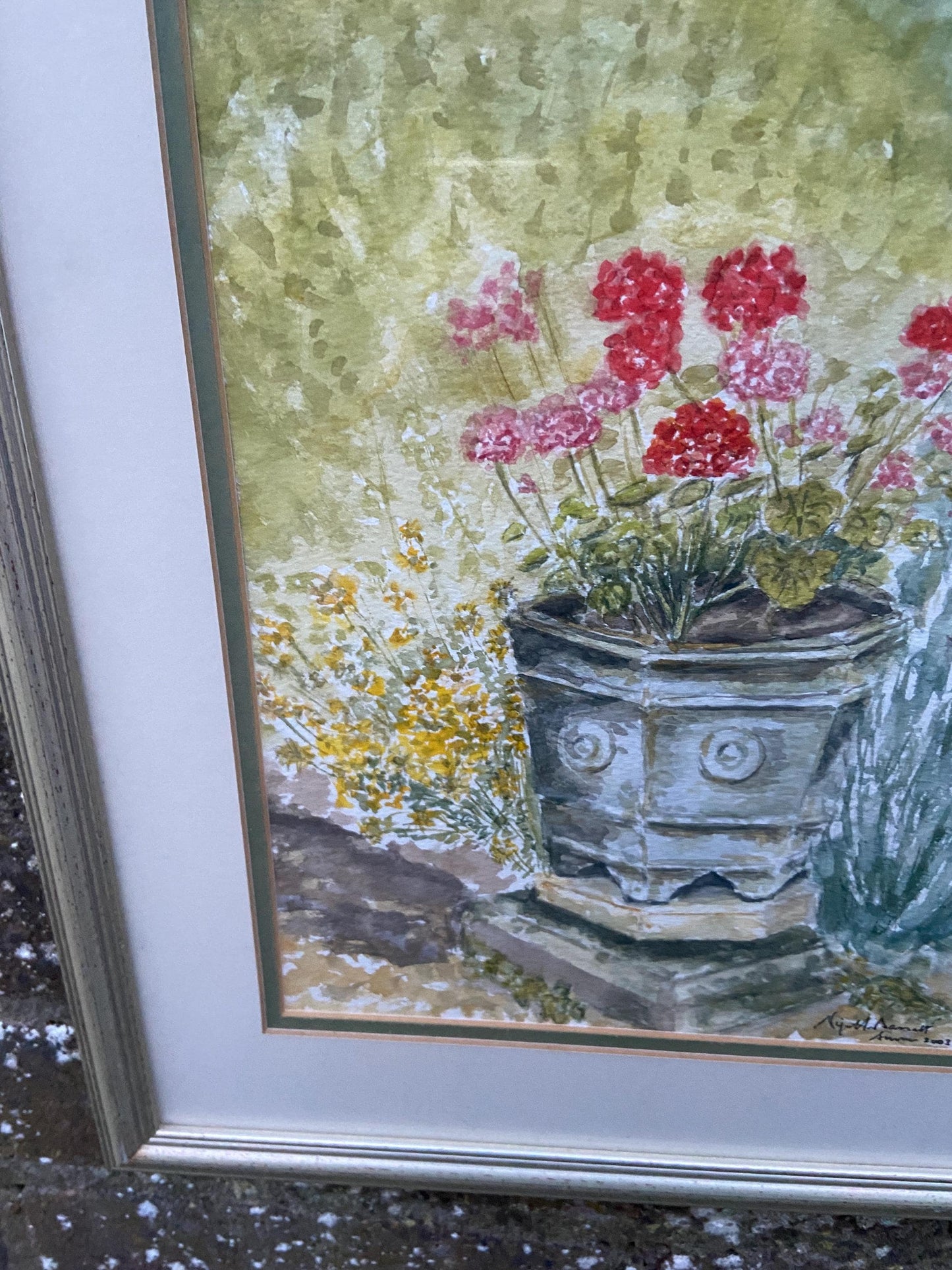 Geraniums in Urn an Original watercolour by Nigel Fox Bassett 2003; professionally mounted and framed.
