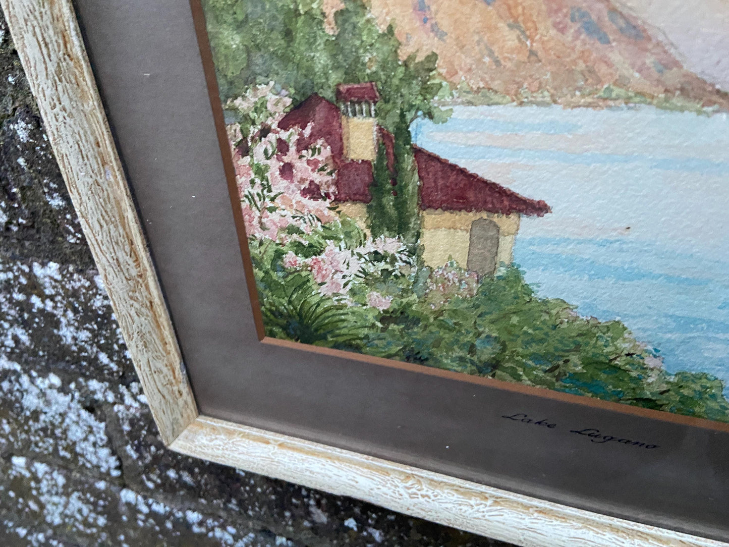 1950s Lake Lugano, Italy, and the Alps, original water colour in a classic vintage frame