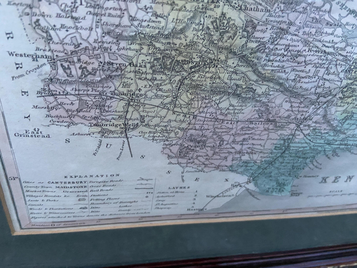 1800s vintage Kent map – hand painted print; drawn and engraved by J Archer Pentonville, London