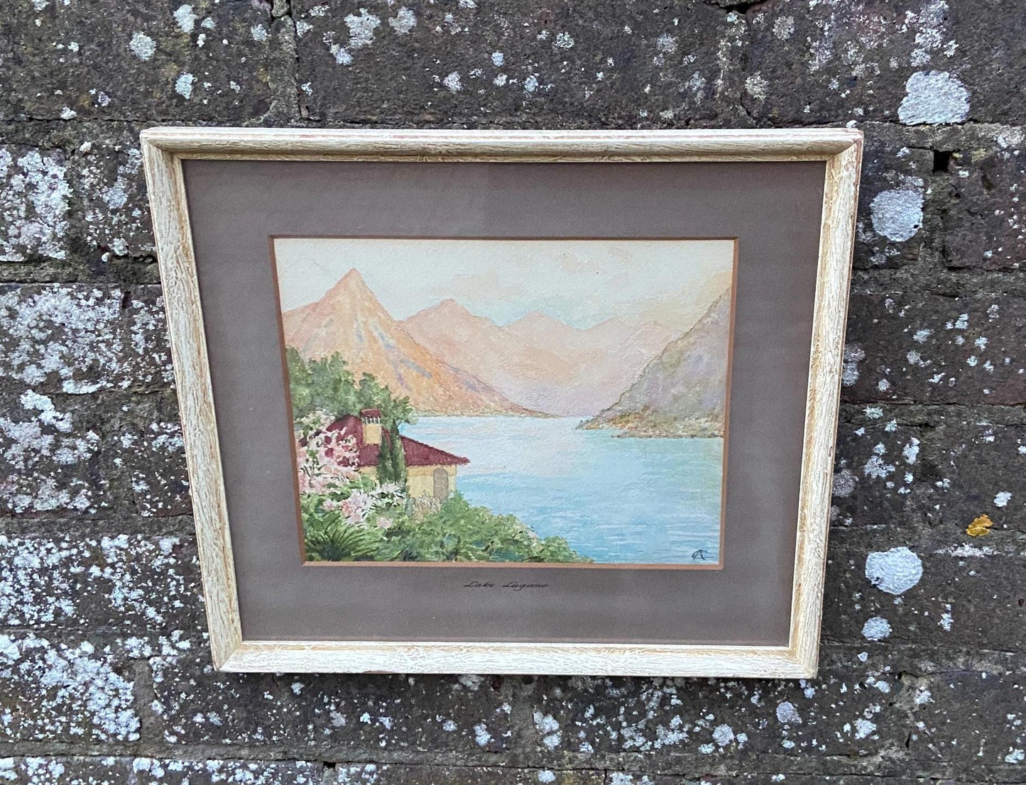 original water colour of Lake Lugano and the Alps. 1950s vintage painting in lovely vintage frame