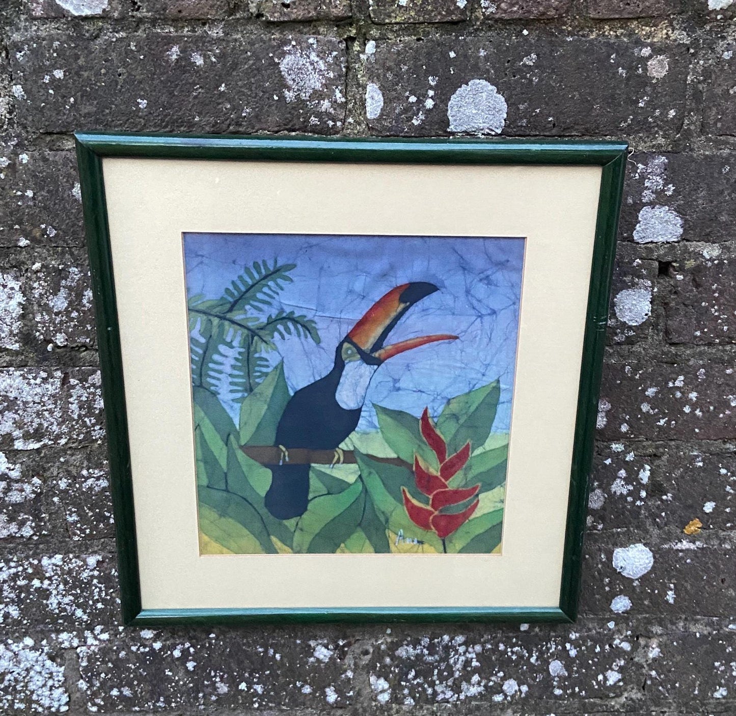 batik silk painting. toucan in jungle. toucan in paradise. framed batik. bird paradise.