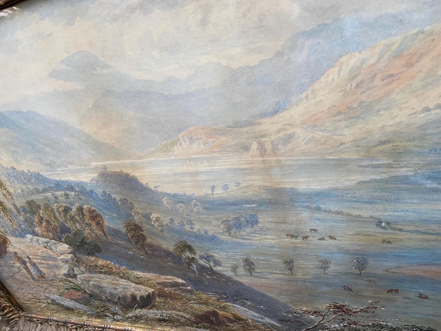 Antique watercolour of Welsh mountainside by R T J Chancellor, 1873 signed and dated, antique wooden gesso glazed frame
