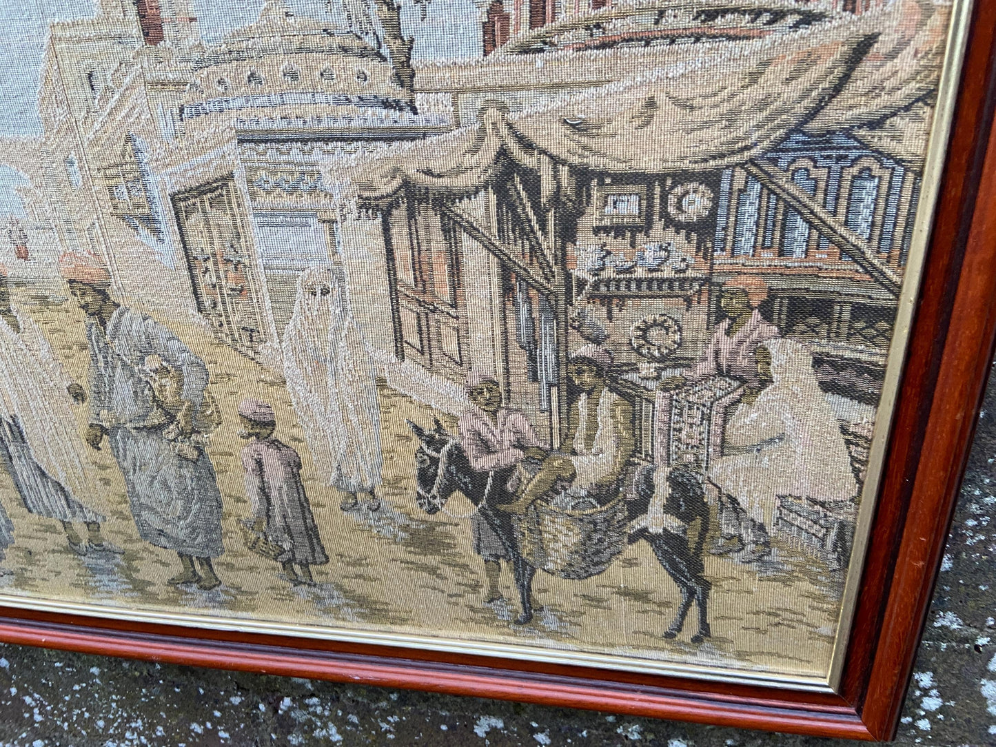 Tapestry vintage of North African Town scene, outstanding large needlework. 1930s tapestry in a 1990 glazed wooden frame (70cm x 54cm)