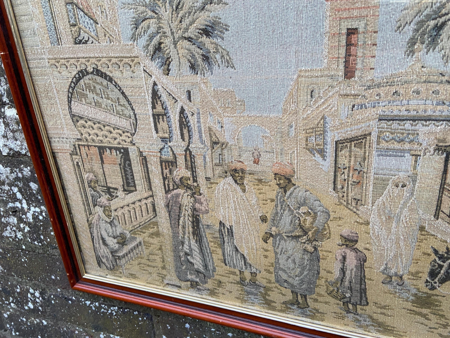 Tapestry vintage of North African Town scene, outstanding large needlework. 1930s tapestry in a 1990 glazed wooden frame (70cm x 54cm)