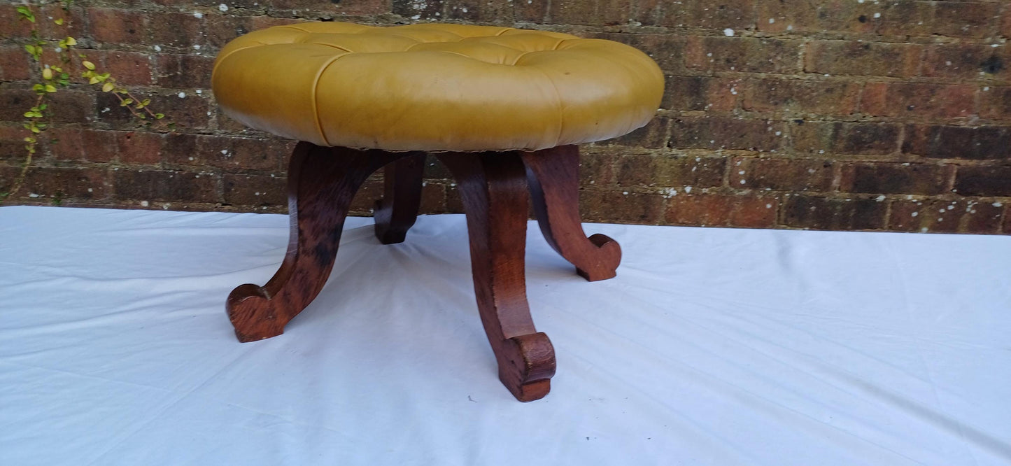 Cracking Vintage Early to Mid-Century Oak Stool Footstool Pouffe with Cushioned Gold Leatherette