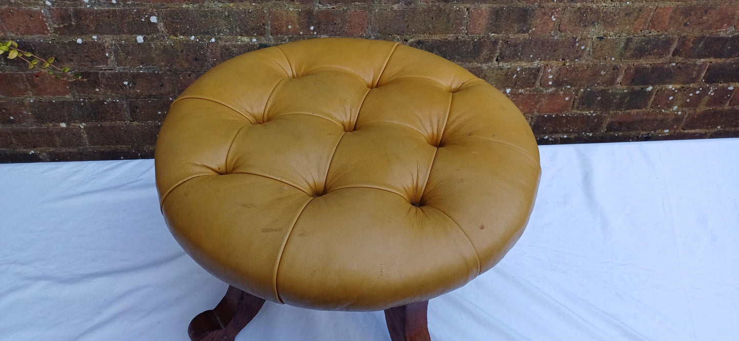 Cracking Vintage Early to Mid-Century Oak Stool Footstool Pouffe with Cushioned Gold Leatherette