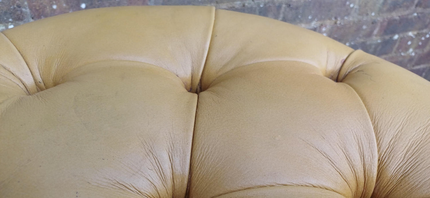 Cracking Vintage Early to Mid-Century Oak Stool Footstool Pouffe with Cushioned Gold Leatherette