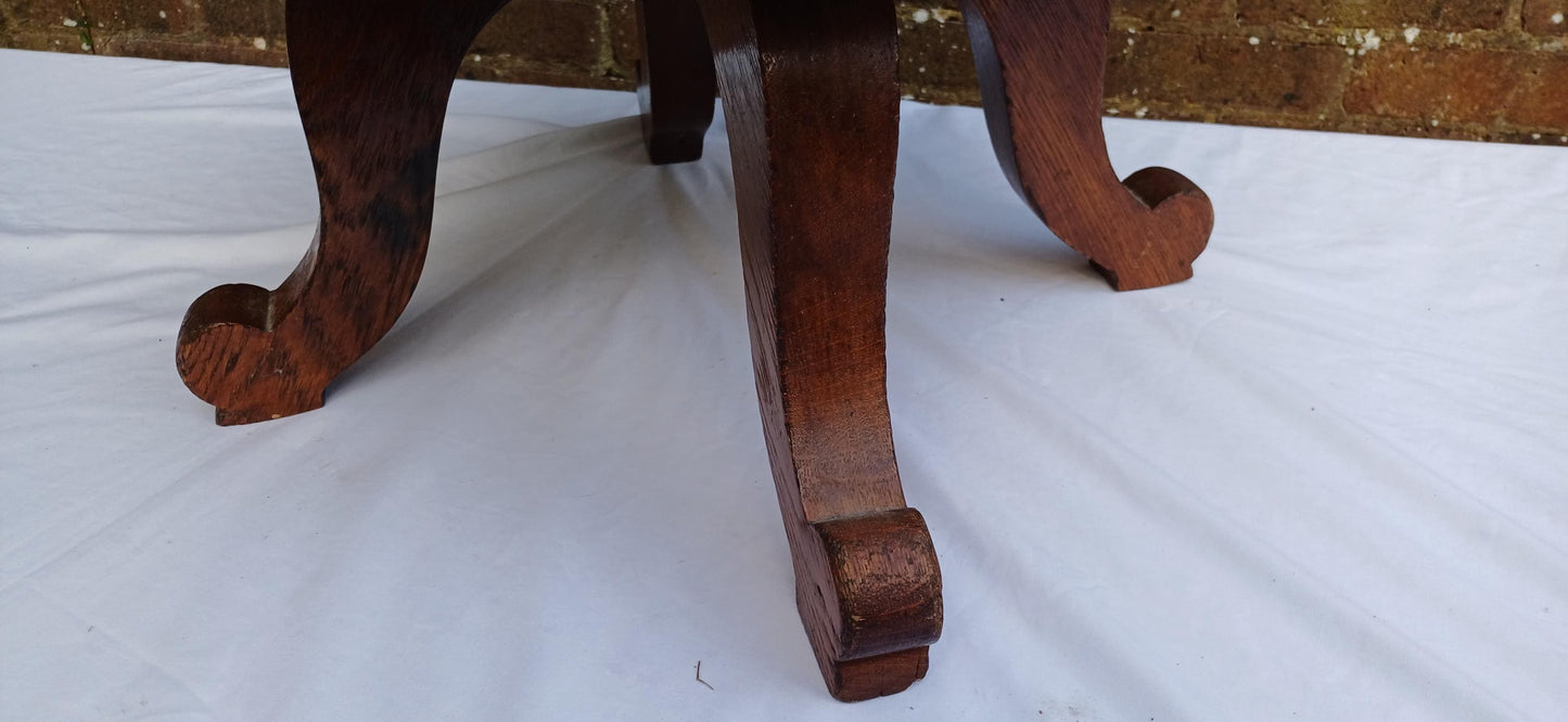 Cracking Vintage Early to Mid-Century Oak Stool Footstool Pouffe with Cushioned Gold Leatherette