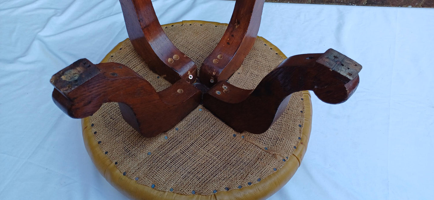 Cracking Vintage Early to Mid-Century Oak Stool Footstool Pouffe with Cushioned Gold Leatherette