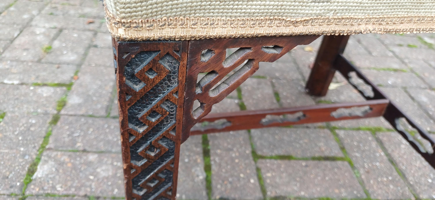 Antique Mahogany Stool with Tapestry Seat, Ornate Carved Details & Fretwork Accents – Elegant Vintage Vanity Piece Age Worn