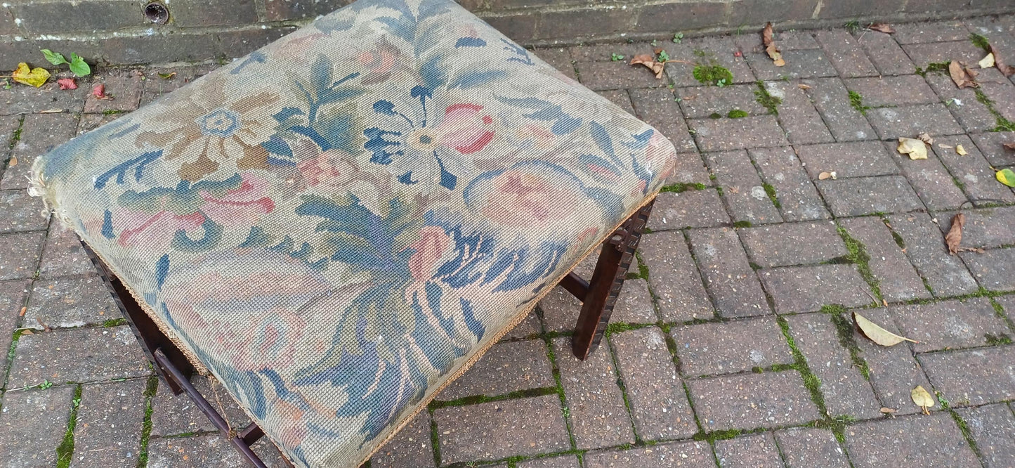 Antique Mahogany Stool with Tapestry Seat, Ornate Carved Details & Fretwork Accents – Elegant Vintage Vanity Piece Age Worn
