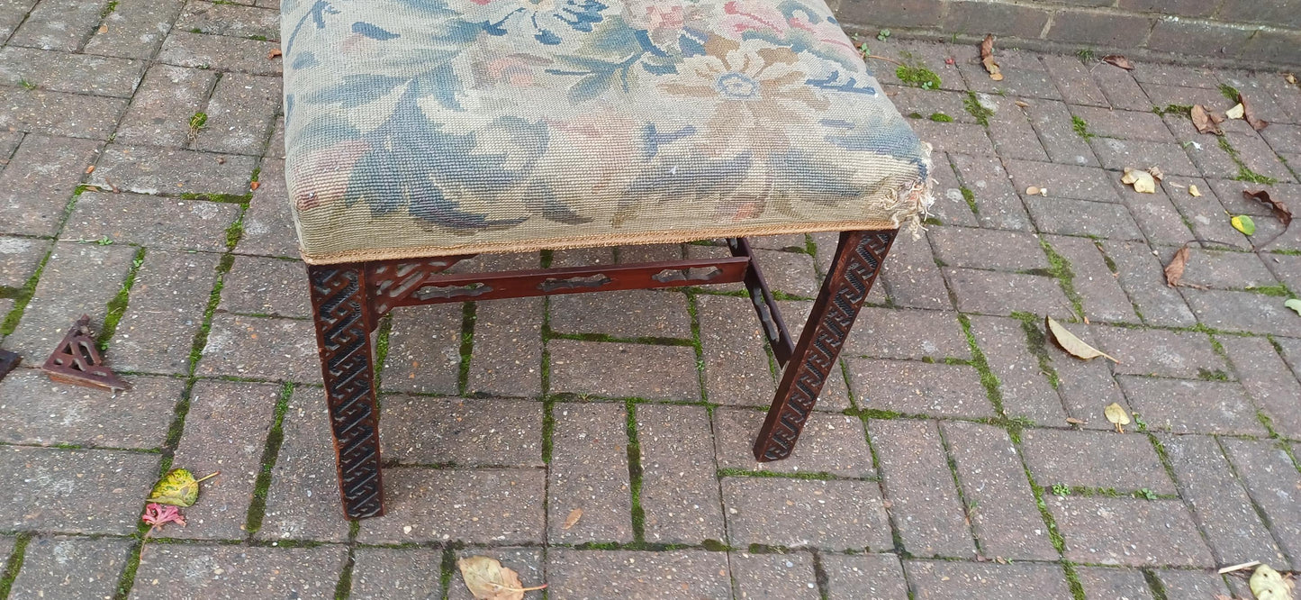 Antique Mahogany Stool with Tapestry Seat, Ornate Carved Details & Fretwork Accents – Elegant Vintage Vanity Piece Age Worn