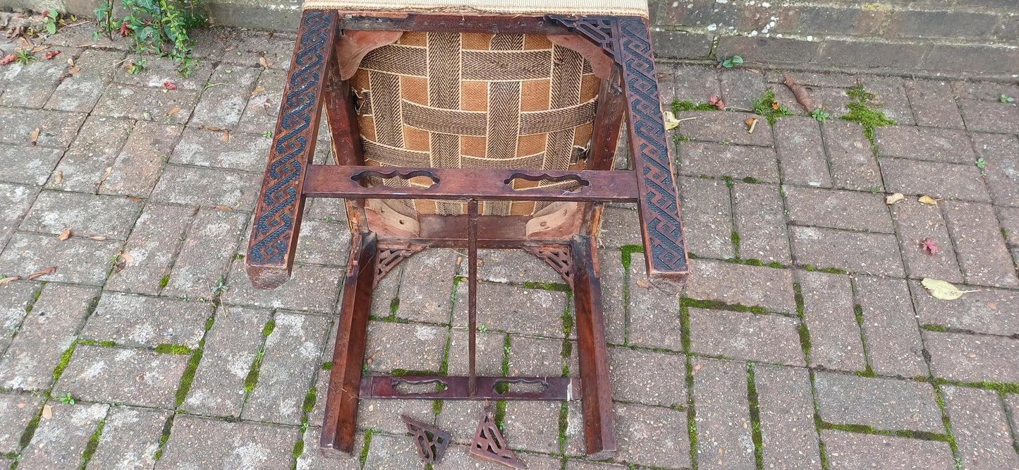 Antique Mahogany Stool with Tapestry Seat, Ornate Carved Details & Fretwork Accents – Elegant Vintage Vanity Piece Age Worn