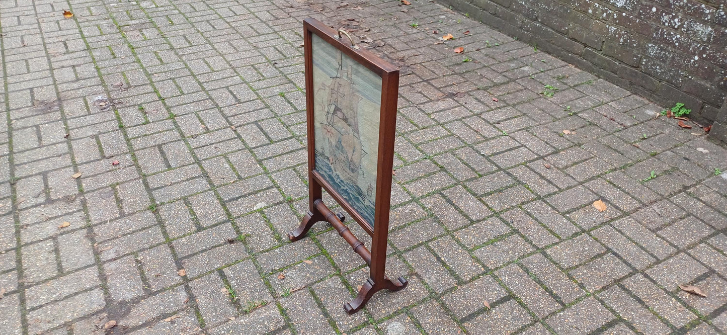 Stunning Top Quality Mahogany Glazed Fire Screen with Galleon Tapestry Unusually Thin Perfect for Smaller Fireplace.