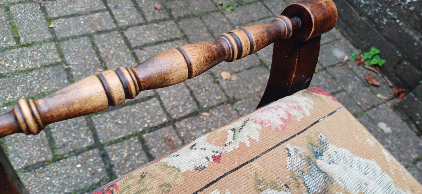 Beautiful Classy Vintage Upholstered Piano Stool | Inner Compartment & Aged Still Life Tapestry | Elegant Antique Storage Seat