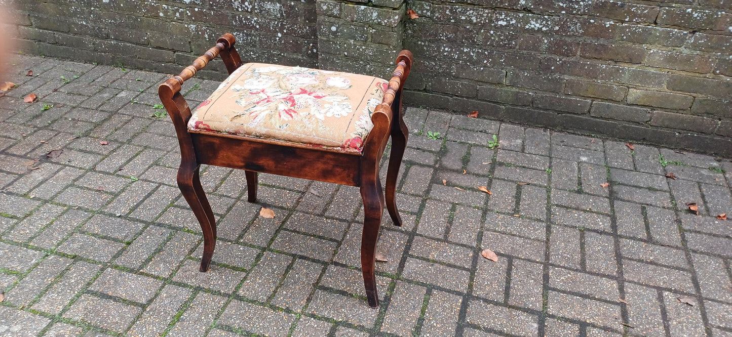 Beautiful Classy Vintage Upholstered Piano Stool | Inner Compartment & Aged Still Life Tapestry | Elegant Antique Storage Seat