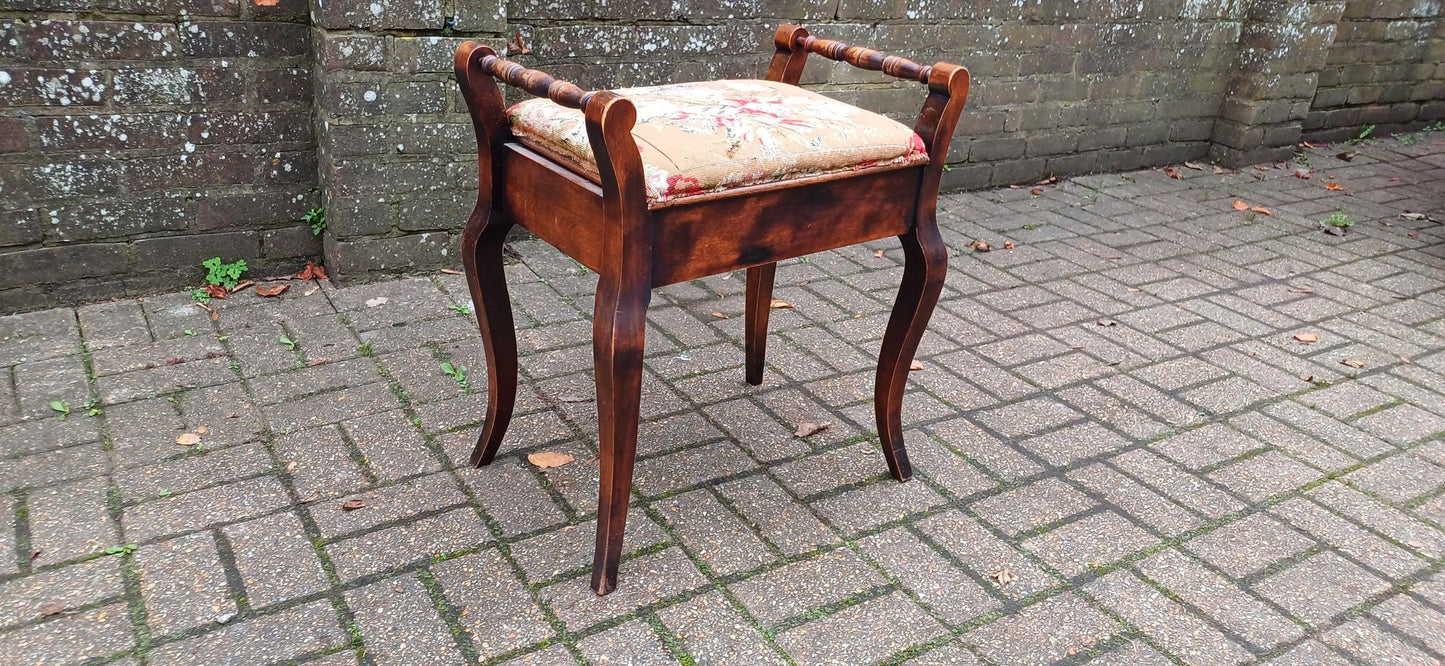 Beautiful Classy Vintage Upholstered Piano Stool | Inner Compartment & Aged Still Life Tapestry | Elegant Antique Storage Seat