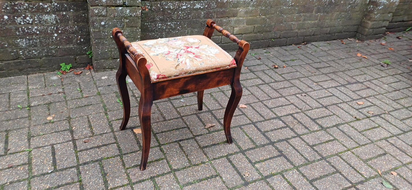 Beautiful Classy Vintage Upholstered Piano Stool | Inner Compartment & Aged Still Life Tapestry | Elegant Antique Storage Seat