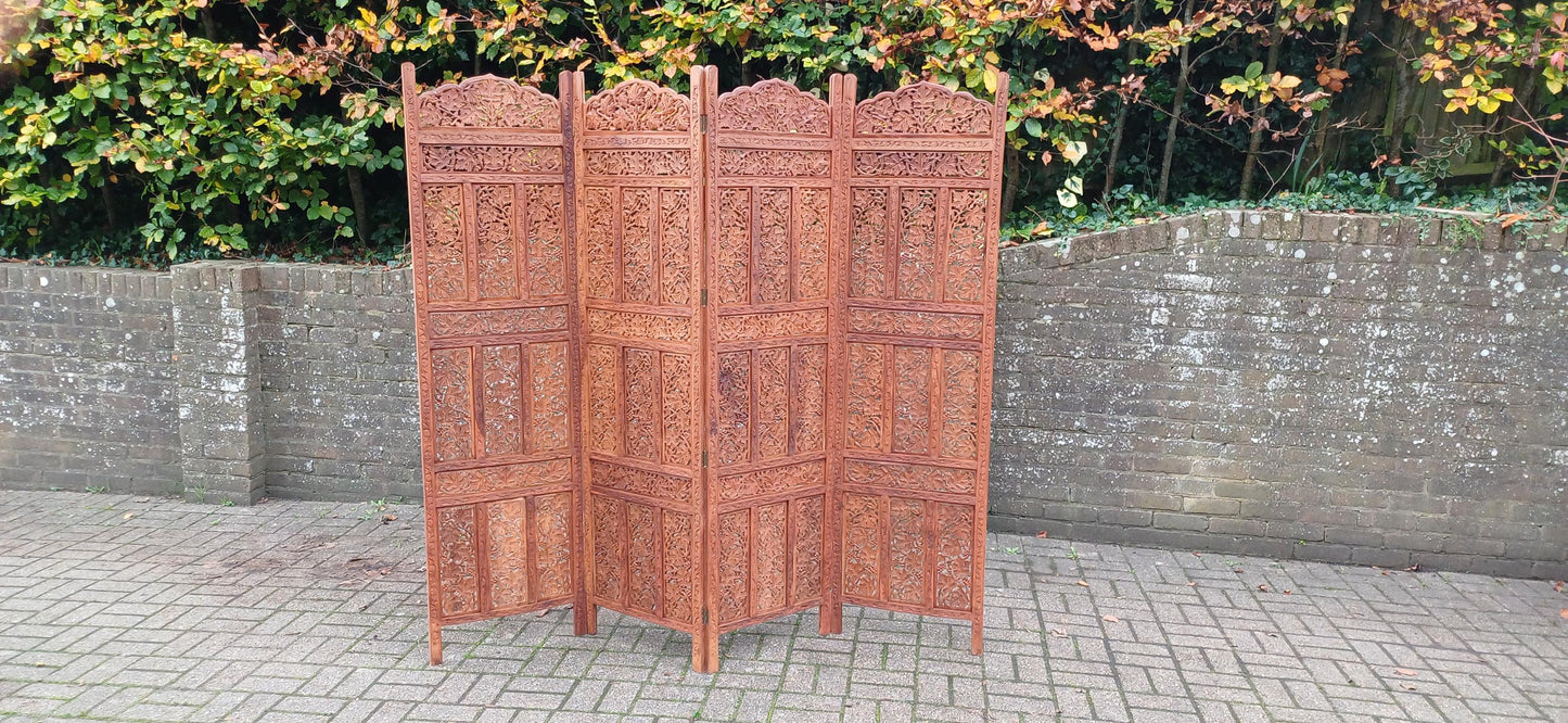 Huge Top Quality 70s/80s Carved Folding Screen Room Divide Grapevine & Middle Eastern Motif Heavy Vintage Room Divider FREE HAND DELIVERY