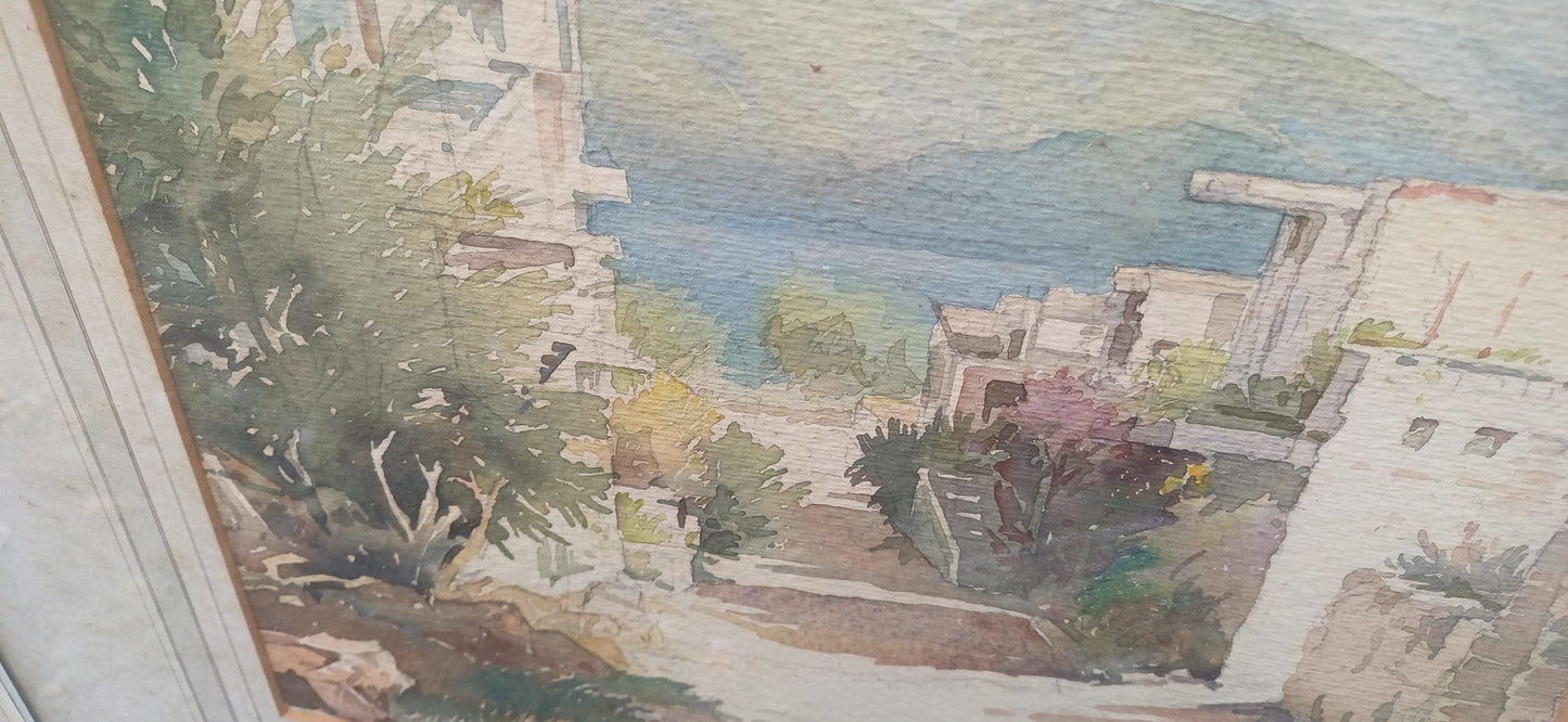 Original vintage water colour of a Mediterranean Village / Landscape scene, landscape watercolour
