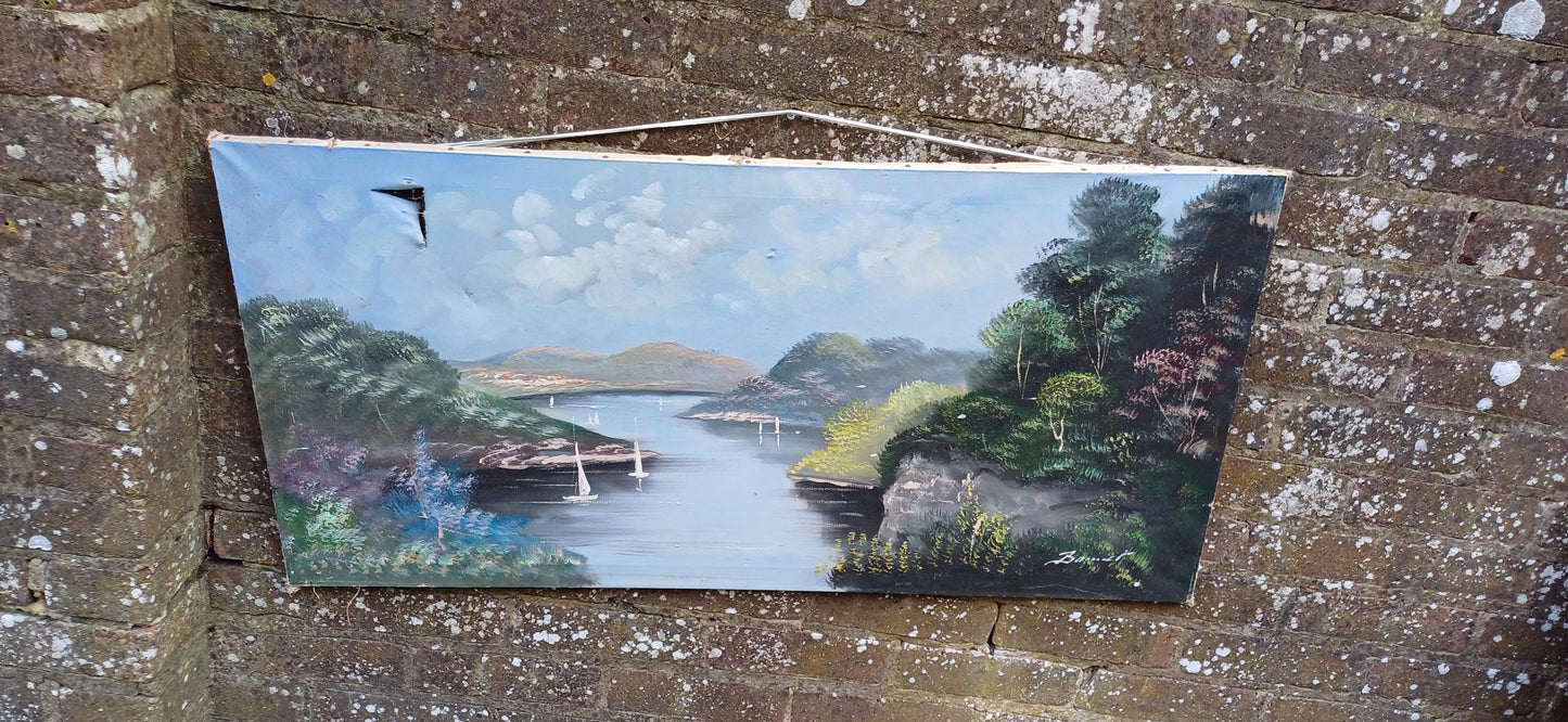 Trio of original vintage Landscape oil paintings on canvas - 3 varying sizes, horizontal hanging