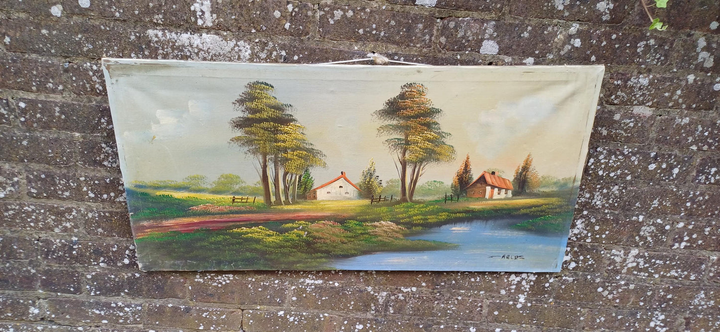 Trio of original vintage Landscape oil paintings on canvas - 3 varying sizes, horizontal hanging