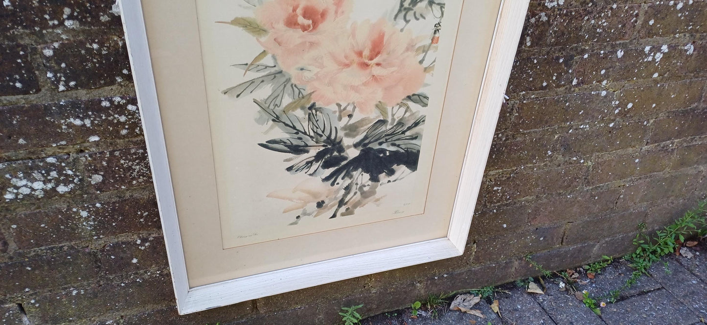 Retro Cheng wu Fei framed lithograph of Peony, 1959, printed by Frost & Reed, London; Chinese art in retro wooden frame (51.5cm x 82.5cm)