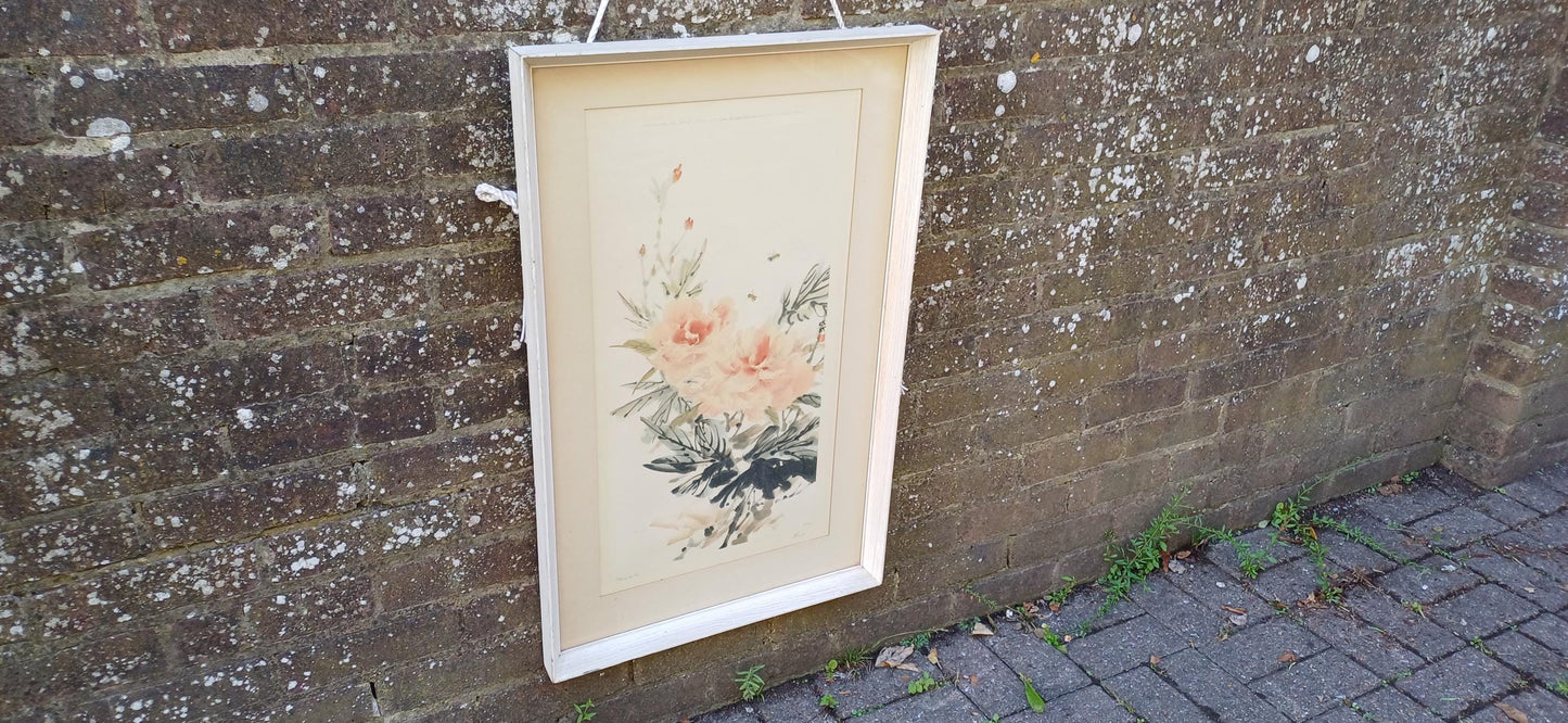 Retro Cheng wu Fei framed lithograph of Peony, 1959, printed by Frost & Reed, London; Chinese art in retro wooden frame (51.5cm x 82.5cm)