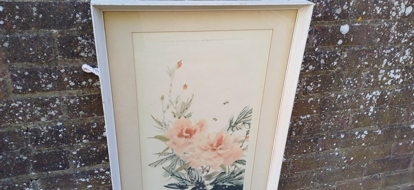 Retro Cheng wu Fei framed lithograph of Peony, 1959, printed by Frost & Reed, London; Chinese art in retro wooden frame (51.5cm x 82.5cm)