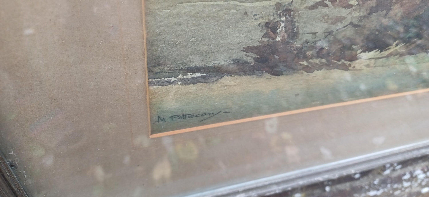 Early to Mid 1900s original water colour by Madeline Pothecary, possible Sussex or Kent. Framed in mid-century wooden glazed frame