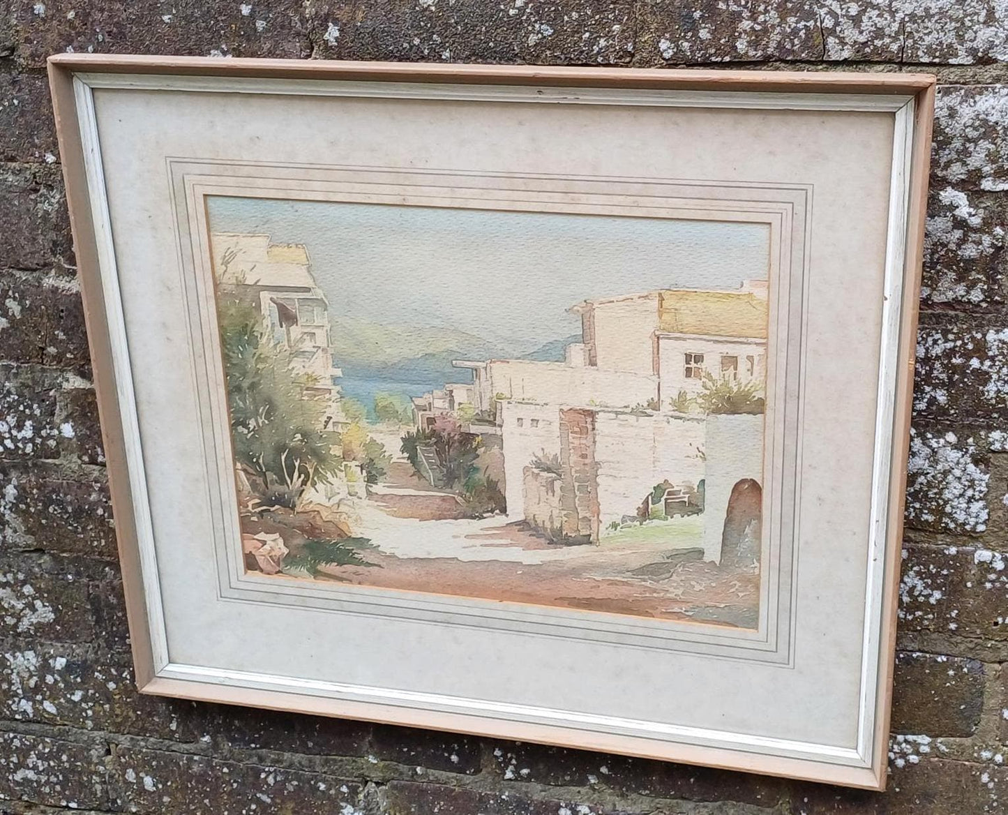 original painting of a mediterranean village, coastal scene; original watercolour; vintage water colour; vintage framed painting