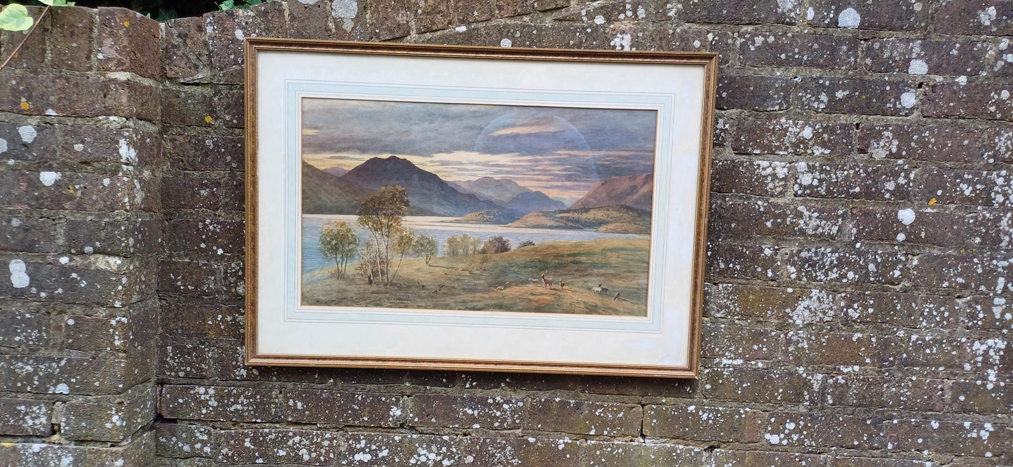 Large Scottish Highlands Vintage Water Colour Painting, glazed vintage frame - original vintage watercolour painting 81cm x 57cm approx