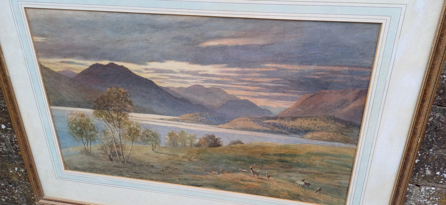 Large Scottish Highlands Vintage Water Colour Painting, glazed vintage frame - original vintage watercolour painting 81cm x 57cm approx