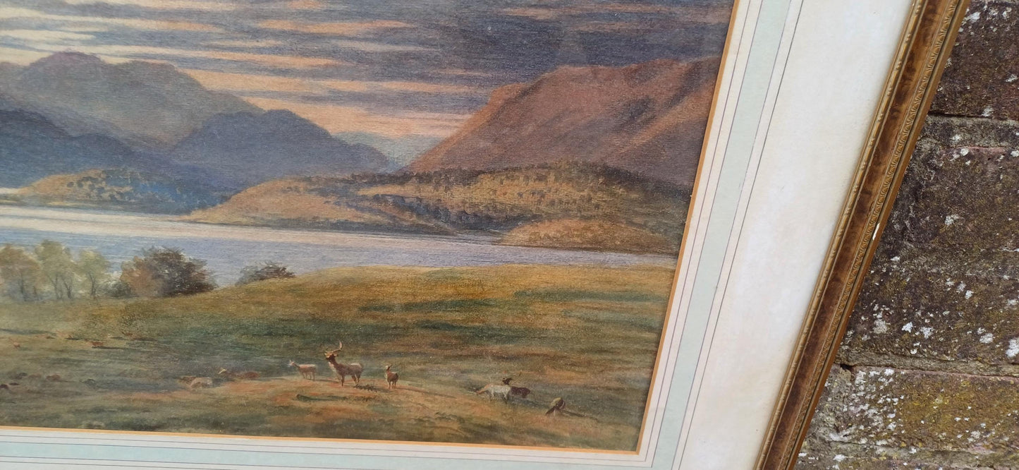 Large Scottish Highlands Vintage Water Colour Painting, glazed vintage frame - original vintage watercolour painting 81cm x 57cm approx