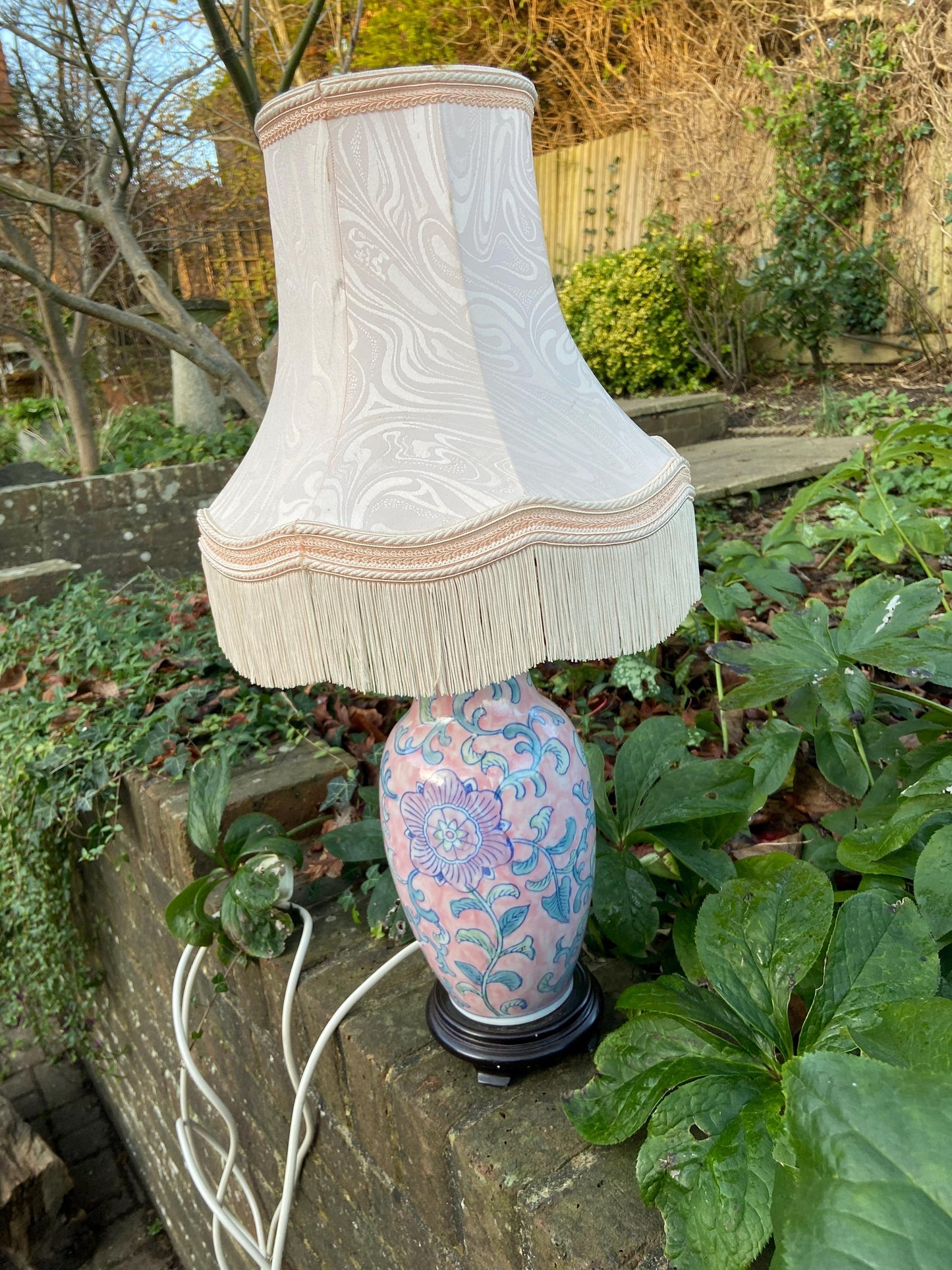 Large pink vintage Oriental Vase style table lamp in pink and blue, with or without quality vintage lamp shade in pink chintz