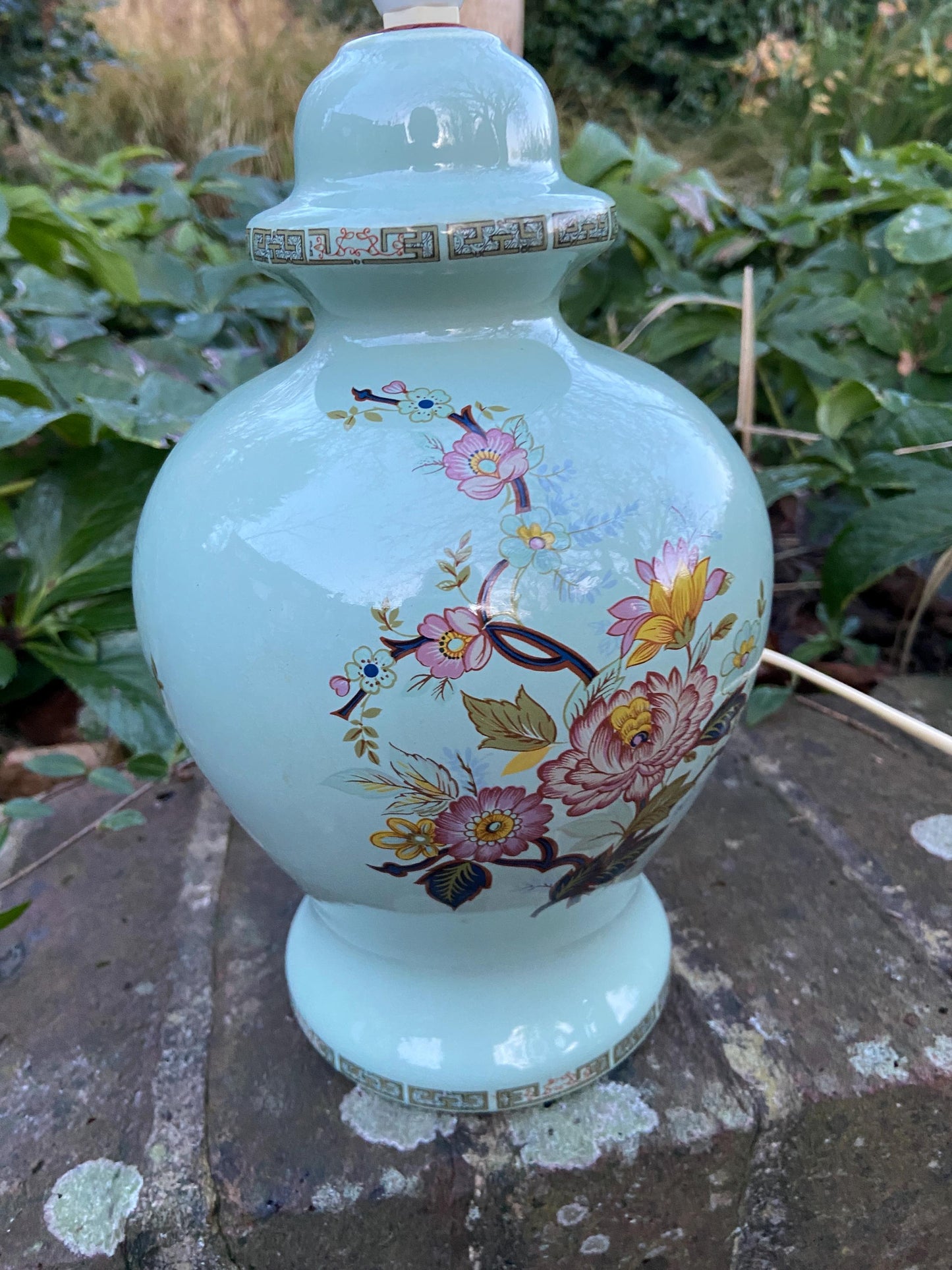 1970s Ceramic Green Floral Ginger Jar Style Lamp - made for BHS - working order.