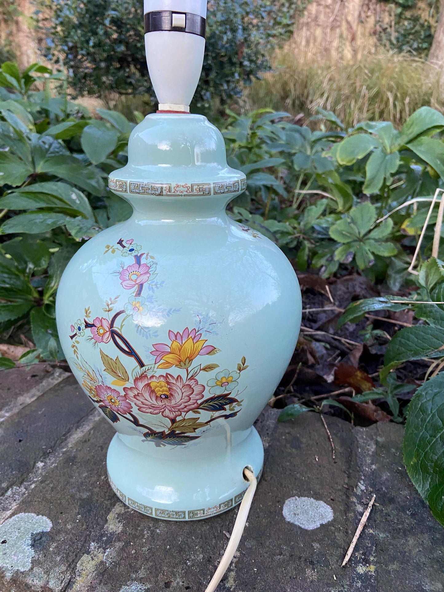 1970s Ceramic Green Floral Ginger Jar Style Lamp - made for BHS - working order.