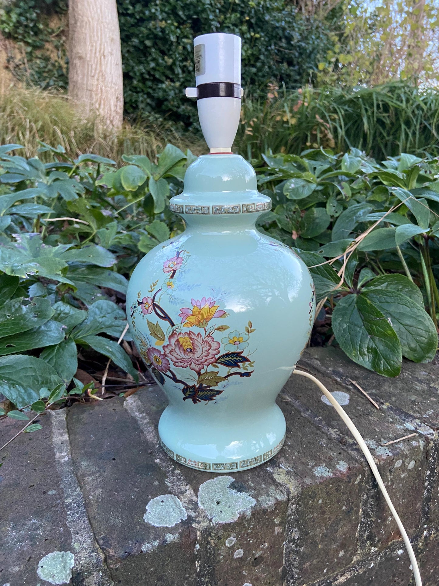 1970s Ceramic Green Floral Ginger Jar Style Lamp - made for BHS - working order.