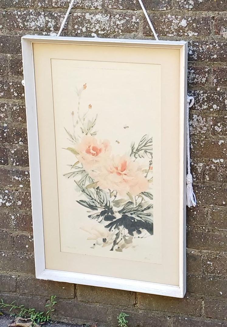 large Chinese art framed; retro Chinese art; 1959 lithograph by Cheng wu Fei; Peony print printed by Frost & Reed