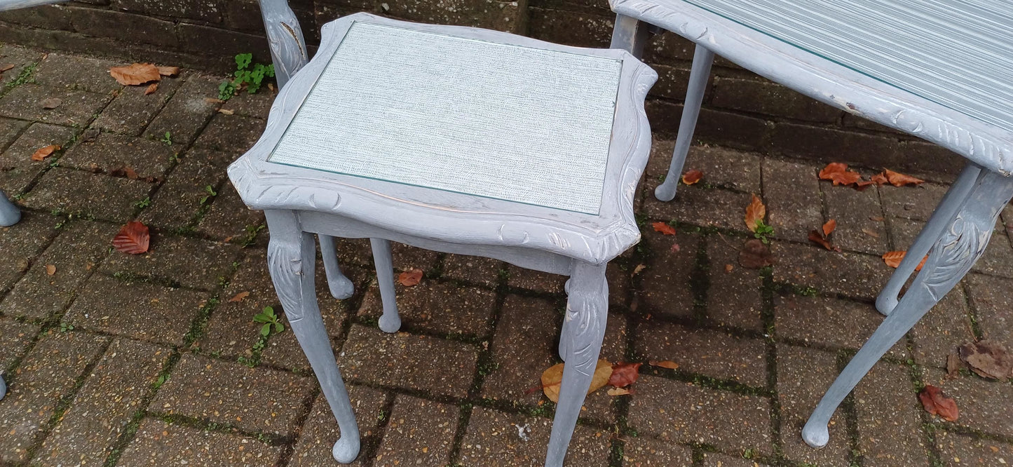 Superb Set of 3 Upcycled Occasional Coffee Tables with Glass Tops | Elegant Grey Hues. Break Up and Use About The House