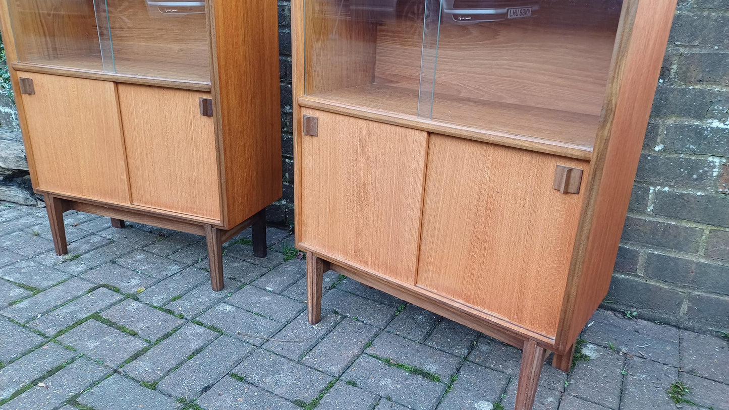 Pair Glazed Glass Vintage Retro 60s Teak and Veneer Glazed Bookcase China Display Cupboards with Lower Storage Cupboard FREE HAND Delivery
