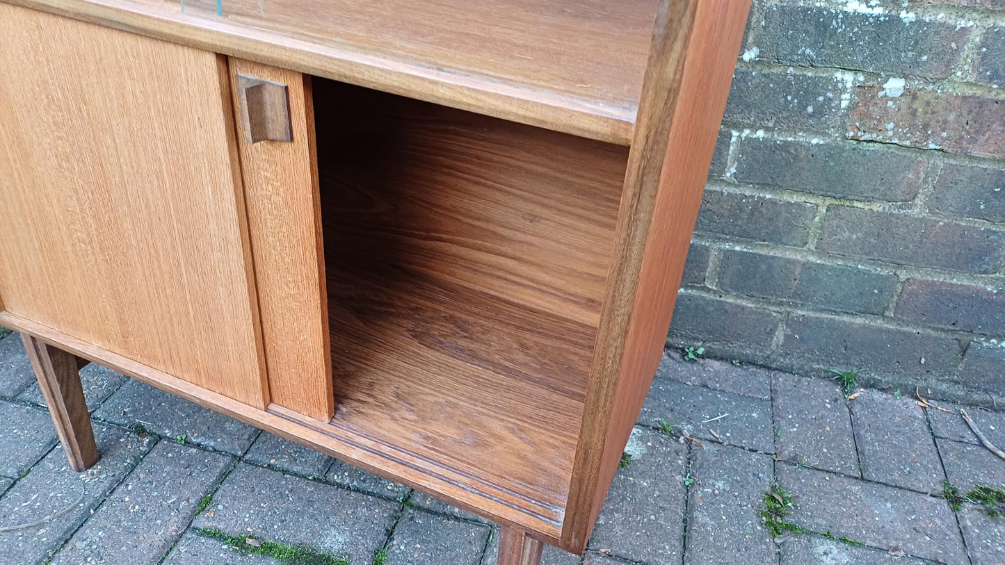 Pair Glazed Glass Vintage Retro 60s Teak and Veneer Glazed Bookcase China Display Cupboards with Lower Storage Cupboard FREE HAND Delivery