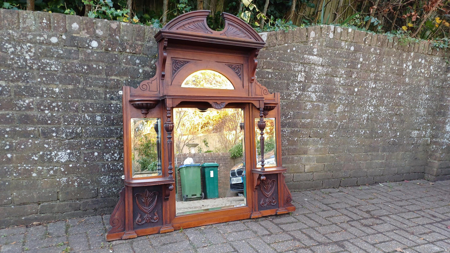 Massive Imposing High Quality Mahogany Over Mantel Mirror Wealth of Decorative Features 4 Bevelled Mirrors FREE HAND Delivery.
