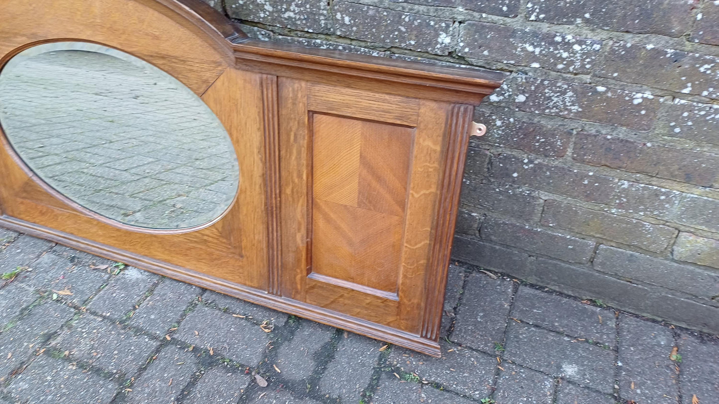 Beautiful Wide 1920s Oak Over Mantel or Wall Mirror Oval Glass