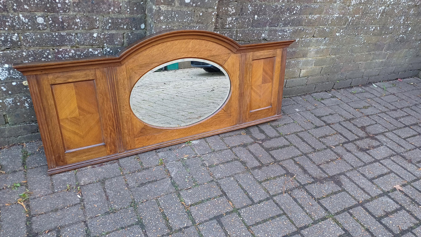 Beautiful Wide 1920s Oak Over Mantel or Wall Mirror Oval Glass