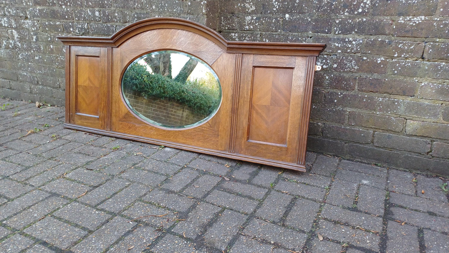 Beautiful Wide 1920s Oak Over Mantel or Wall Mirror Oval Glass