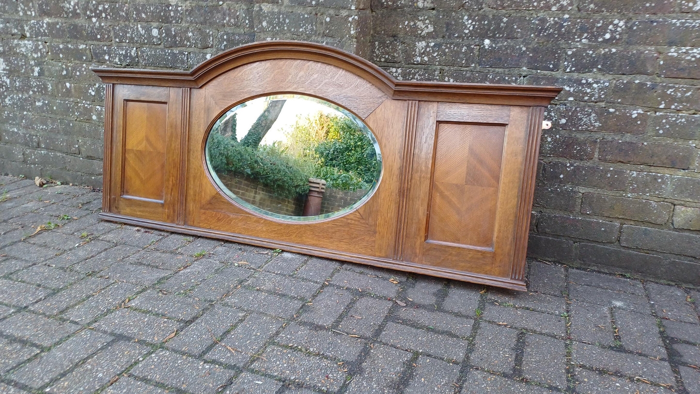 Beautiful Wide 1920s Oak Over Mantel or Wall Mirror Oval Glass